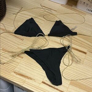 Black Triangle String Bikini with Gold Ties
